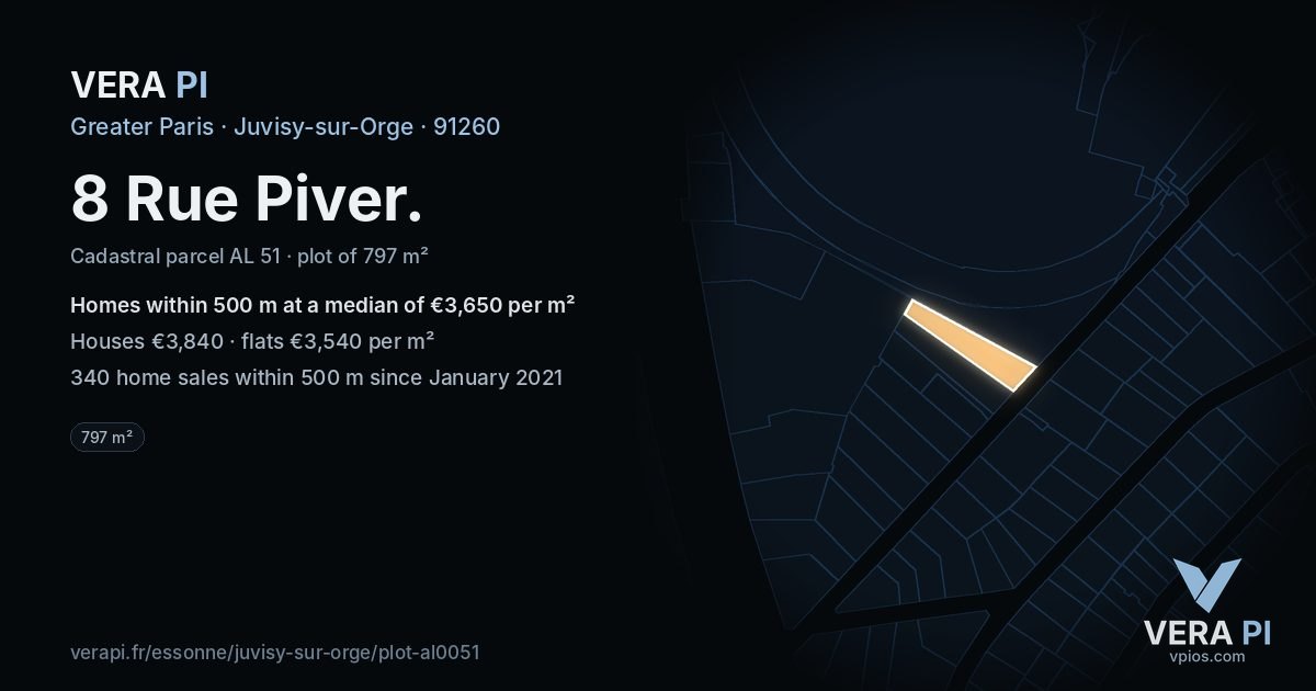 8 Rue Piver, Juvisy-sur-Orge at night – the plot lit, the parcels around coloured by the prices near them
