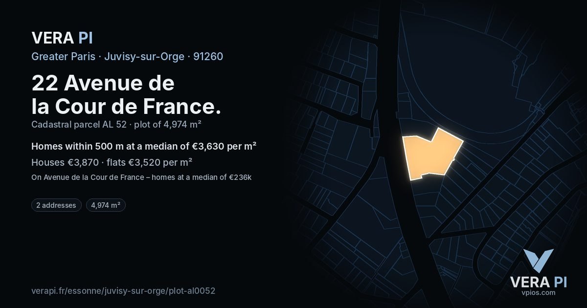 22 Avenue de la Cour de France, Juvisy-sur-Orge at night – the plot lit, the parcels around coloured by the prices near them