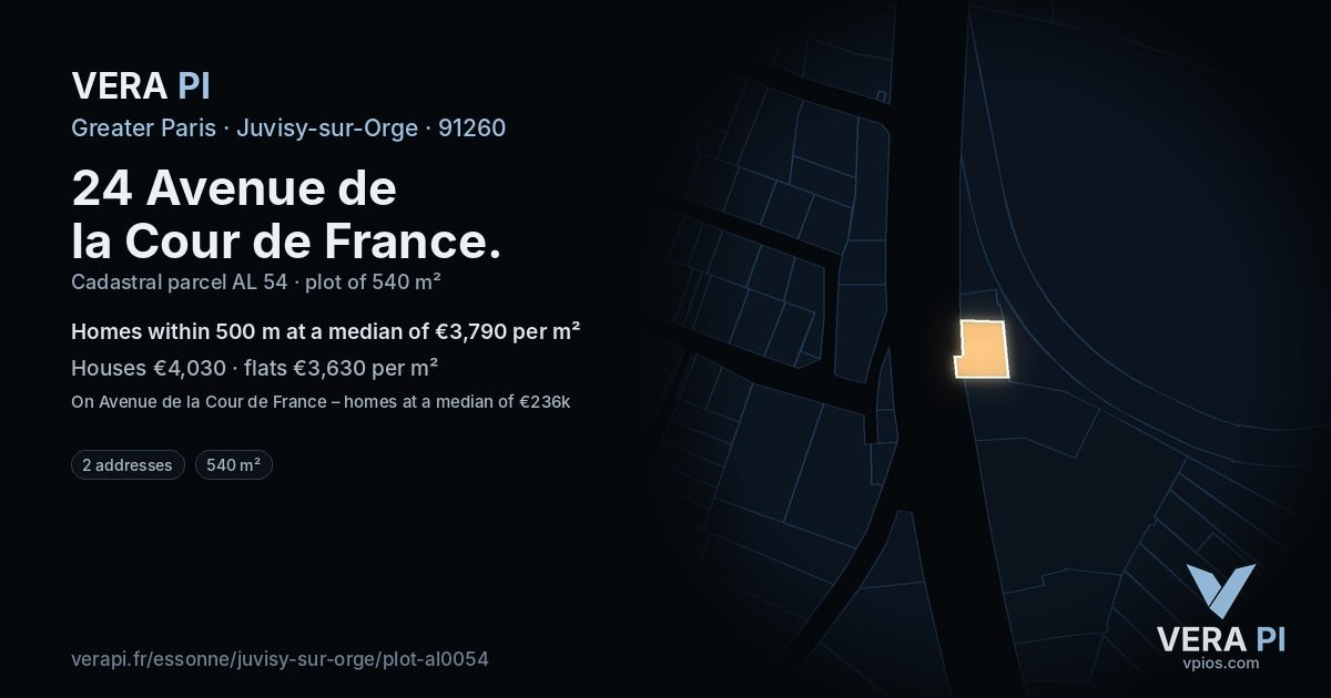 24 Avenue de la Cour de France, Juvisy-sur-Orge at night – the plot lit, the parcels around coloured by the prices near them