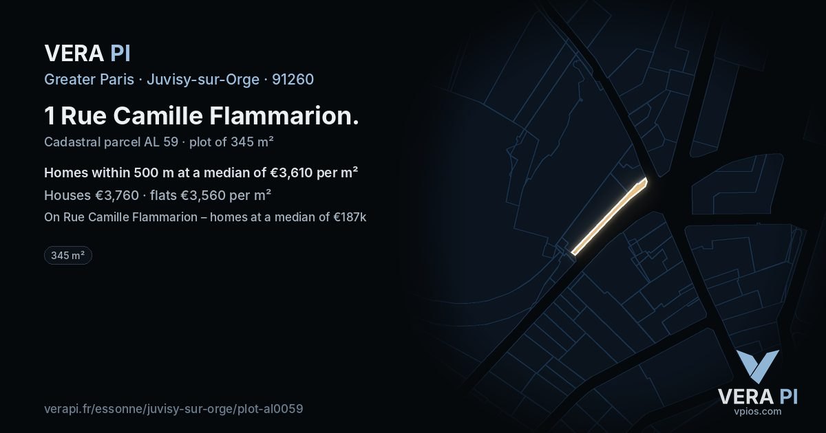 1 Rue Camille Flammarion, Juvisy-sur-Orge at night – the plot lit, the parcels around coloured by the prices near them