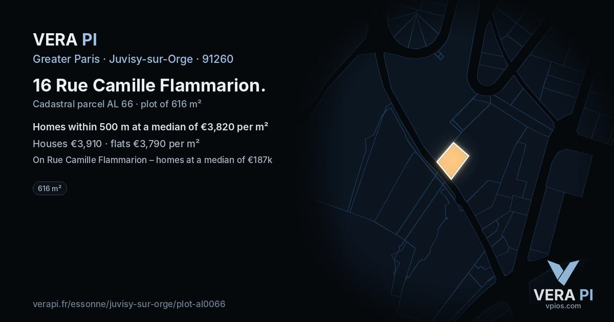 16 Rue Camille Flammarion, Juvisy-sur-Orge at night – the plot lit, the parcels around coloured by the prices near them
