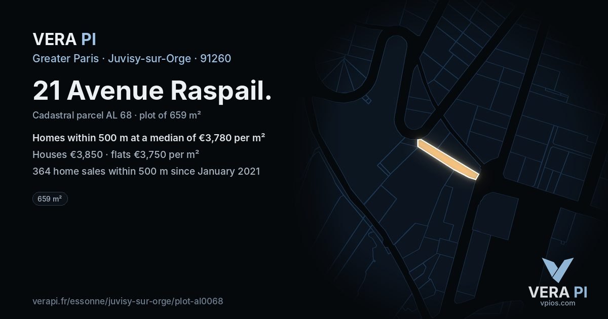 21 Avenue Raspail, Juvisy-sur-Orge at night – the plot lit, the parcels around coloured by the prices near them