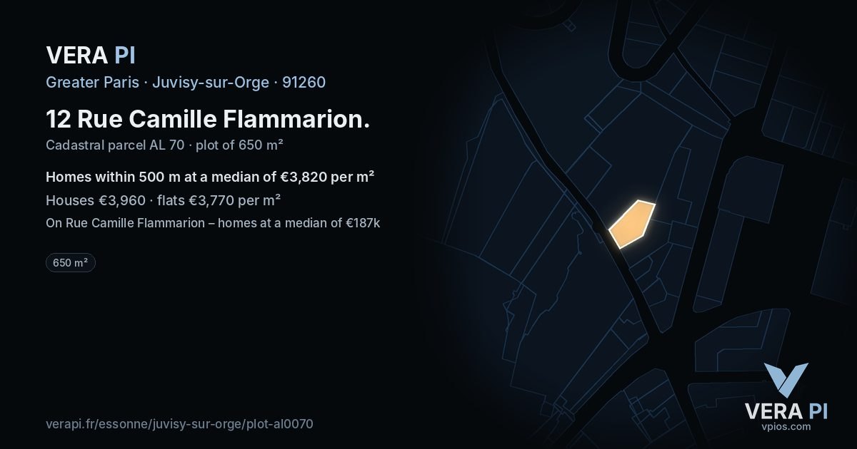 12 Rue Camille Flammarion, Juvisy-sur-Orge at night – the plot lit, the parcels around coloured by the prices near them