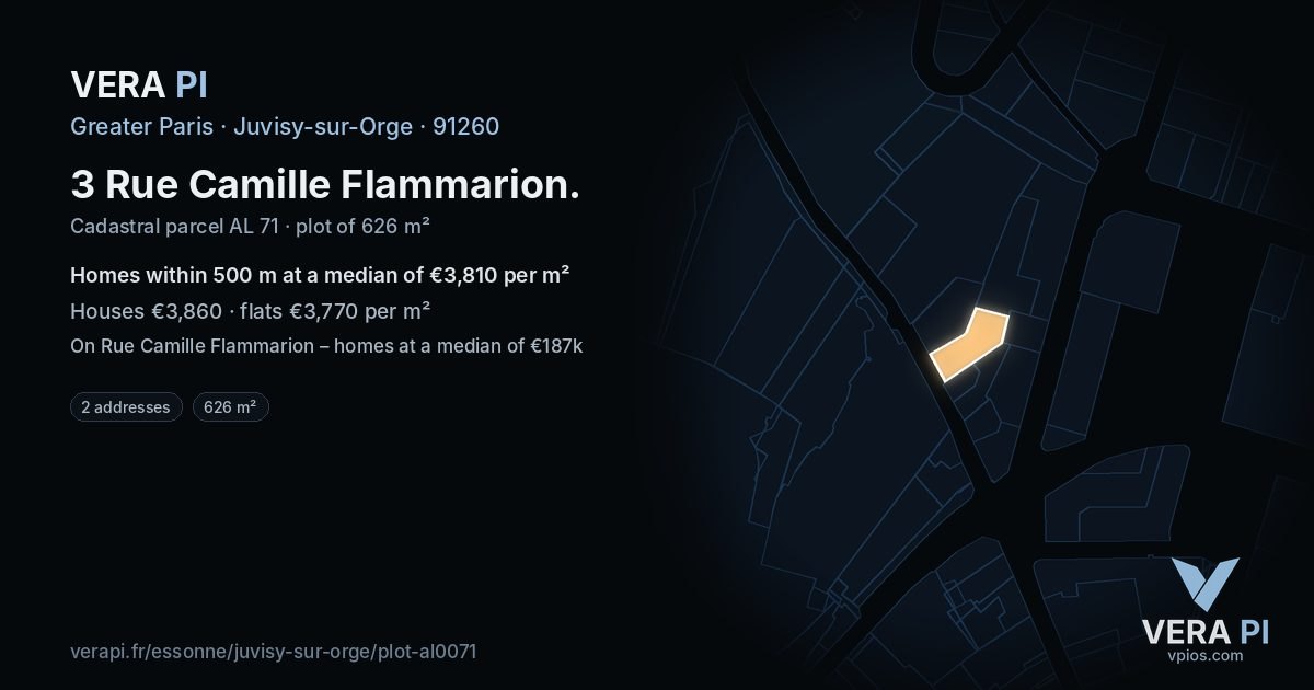 3 Rue Camille Flammarion, Juvisy-sur-Orge at night – the plot lit, the parcels around coloured by the prices near them