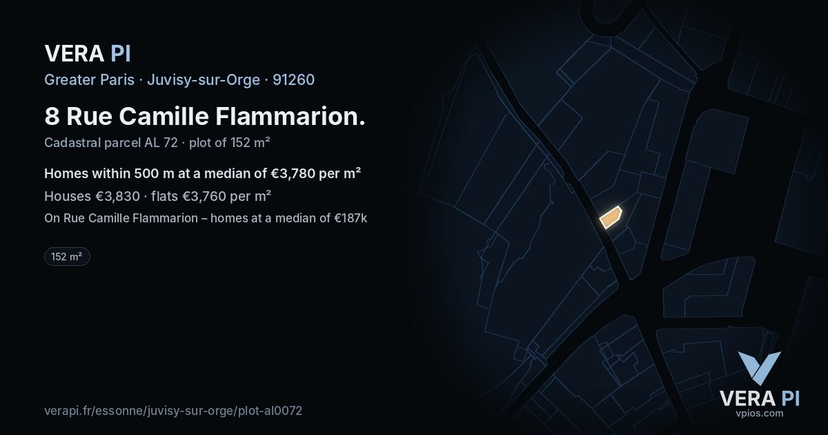 8 Rue Camille Flammarion, Juvisy-sur-Orge at night – the plot lit, the parcels around coloured by the prices near them
