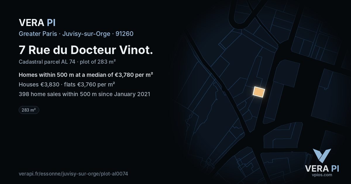 7 Rue du Docteur Vinot, Juvisy-sur-Orge at night – the plot lit, the parcels around coloured by the prices near them
