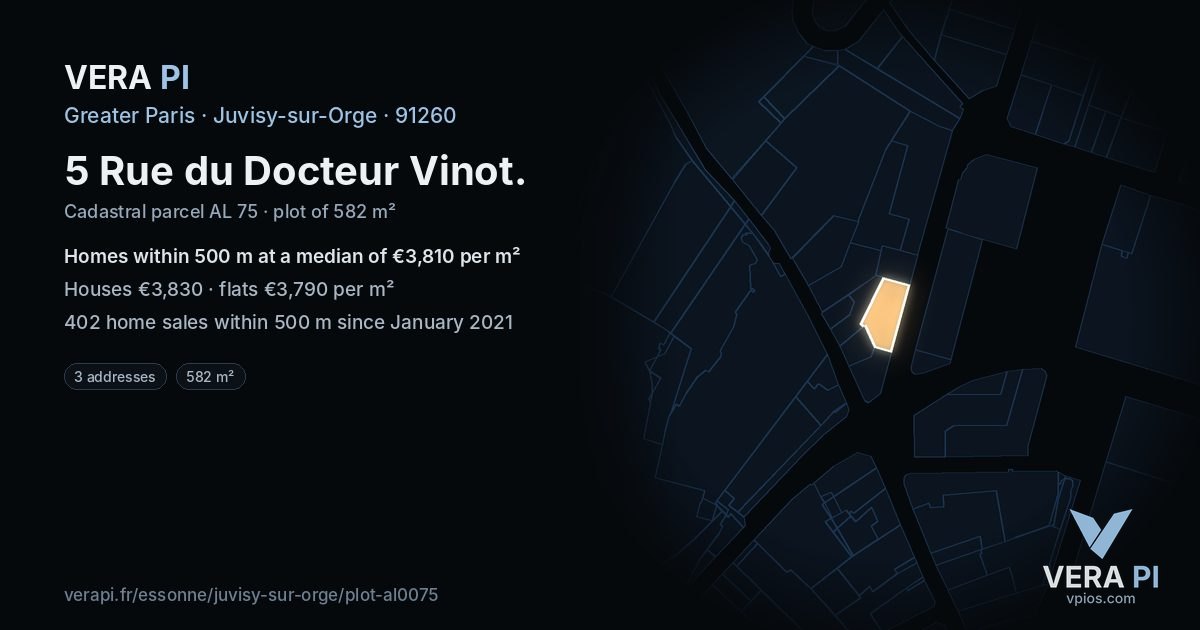 5 Rue du Docteur Vinot, Juvisy-sur-Orge at night – the plot lit, the parcels around coloured by the prices near them