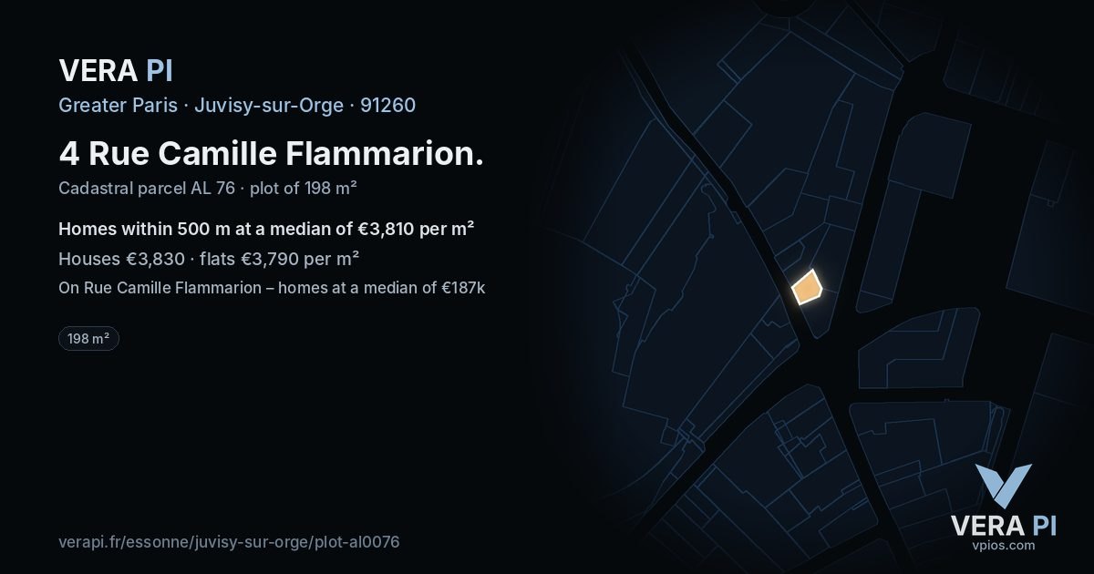 4 Rue Camille Flammarion, Juvisy-sur-Orge at night – the plot lit, the parcels around coloured by the prices near them