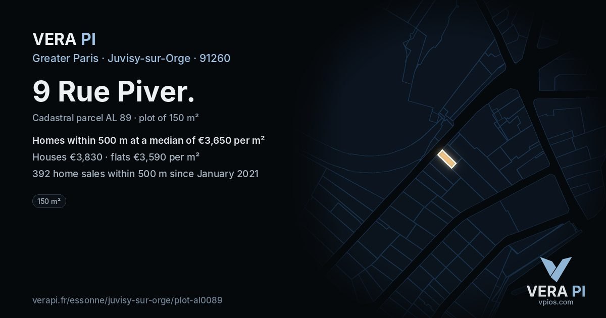 9 Rue Piver, Juvisy-sur-Orge at night – the plot lit, the parcels around coloured by the prices near them