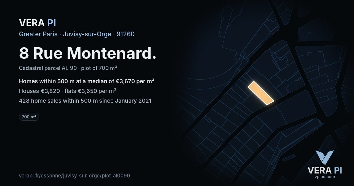 8 Rue Montenard, Juvisy-sur-Orge at night – the plot lit, the parcels around coloured by the prices near them