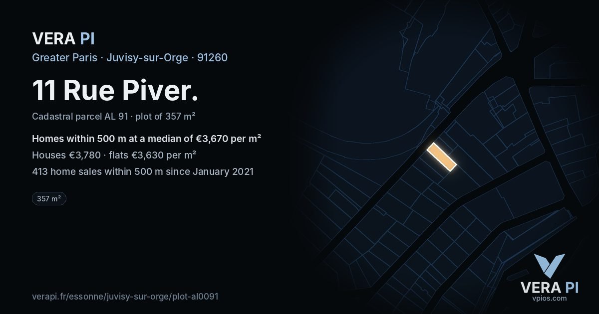 11 Rue Piver, Juvisy-sur-Orge at night – the plot lit, the parcels around coloured by the prices near them