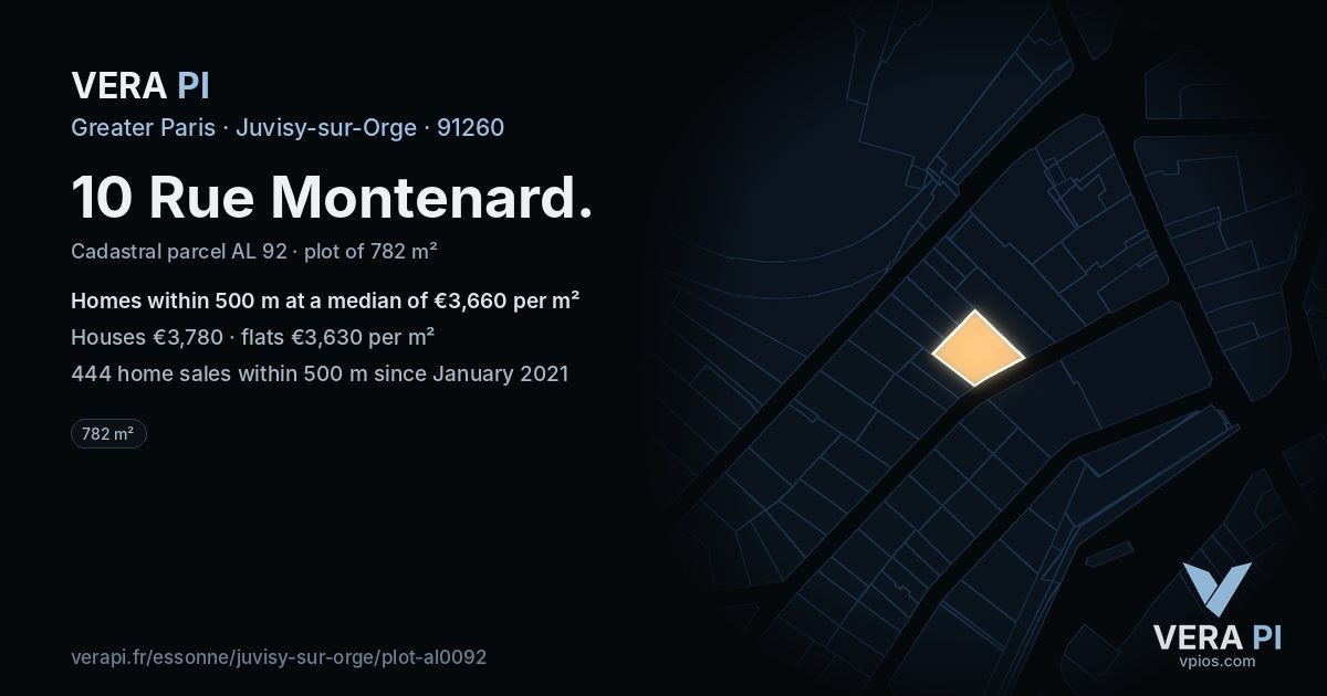 10 Rue Montenard, Juvisy-sur-Orge at night – the plot lit, the parcels around coloured by the prices near them