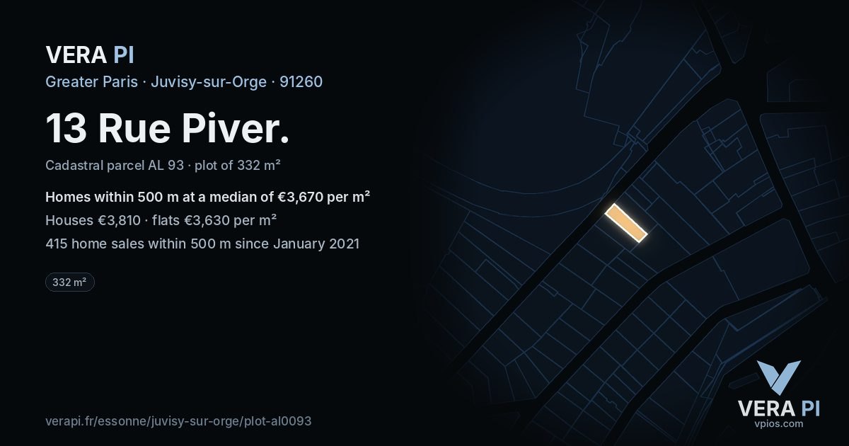 13 Rue Piver, Juvisy-sur-Orge at night – the plot lit, the parcels around coloured by the prices near them