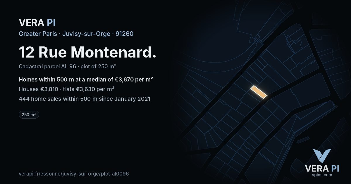 12 Rue Montenard, Juvisy-sur-Orge at night – the plot lit, the parcels around coloured by the prices near them