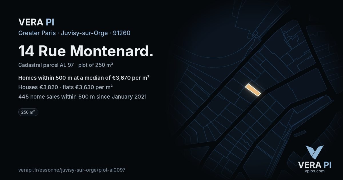 14 Rue Montenard, Juvisy-sur-Orge at night – the plot lit, the parcels around coloured by the prices near them