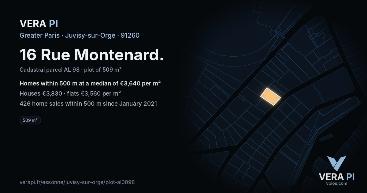 16 Rue Montenard, Juvisy-sur-Orge at night – the plot lit, the parcels around coloured by the prices near them