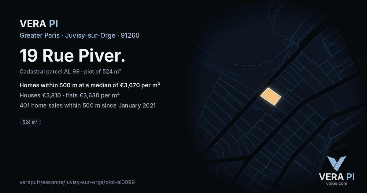 19 Rue Piver, Juvisy-sur-Orge at night – the plot lit, the parcels around coloured by the prices near them
