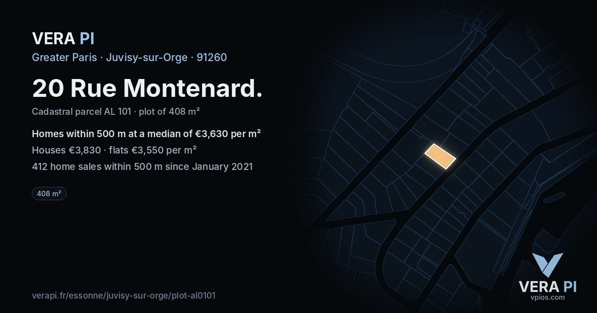 20 Rue Montenard, Juvisy-sur-Orge at night – the plot lit, the parcels around coloured by the prices near them
