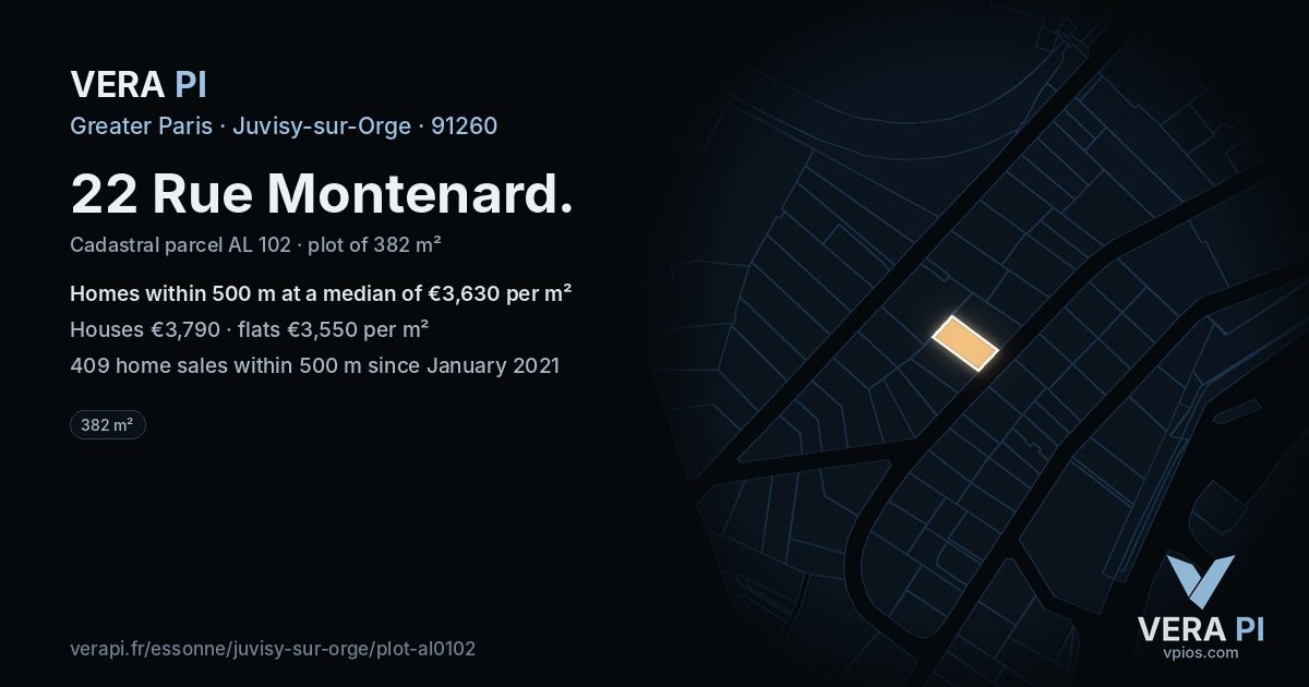 22 Rue Montenard, Juvisy-sur-Orge at night – the plot lit, the parcels around coloured by the prices near them