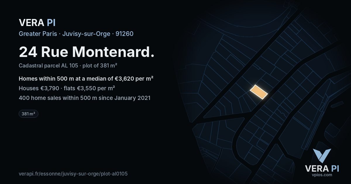 24 Rue Montenard, Juvisy-sur-Orge at night – the plot lit, the parcels around coloured by the prices near them