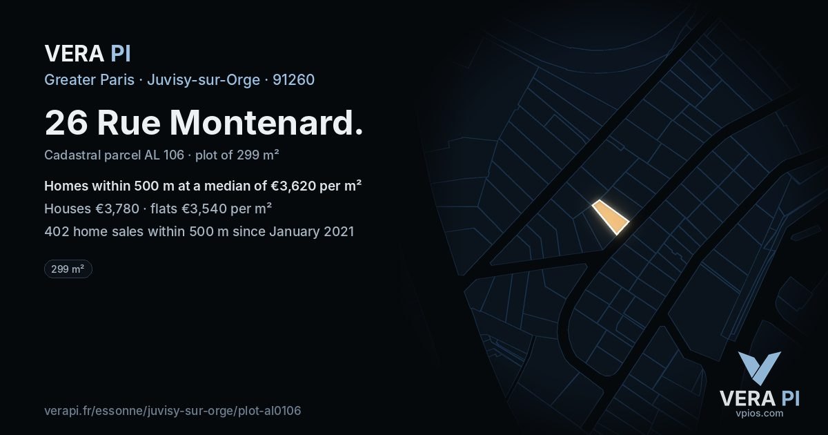 26 Rue Montenard, Juvisy-sur-Orge at night – the plot lit, the parcels around coloured by the prices near them