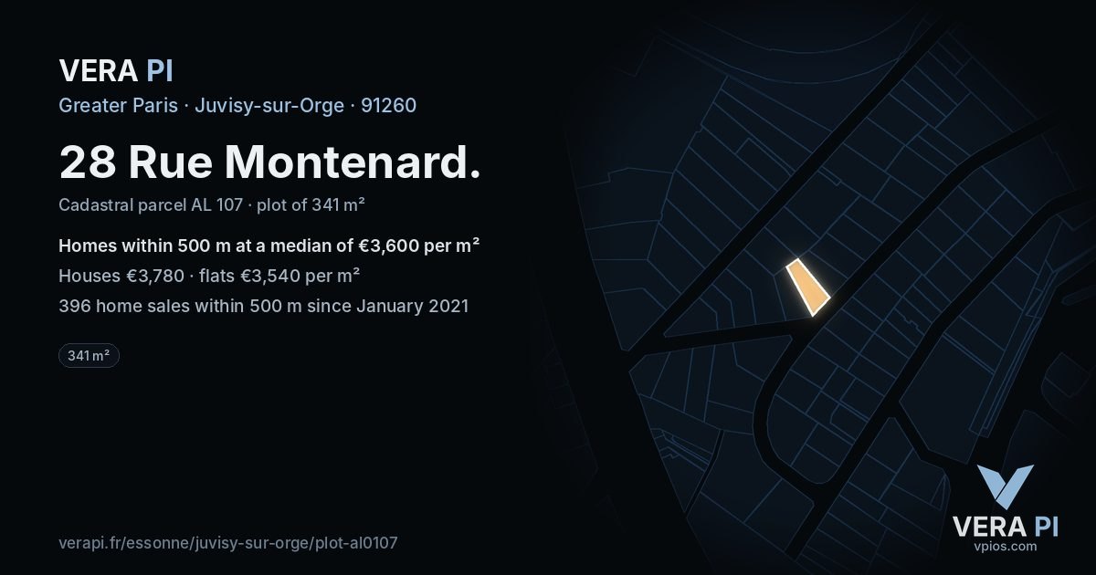 28 Rue Montenard, Juvisy-sur-Orge at night – the plot lit, the parcels around coloured by the prices near them