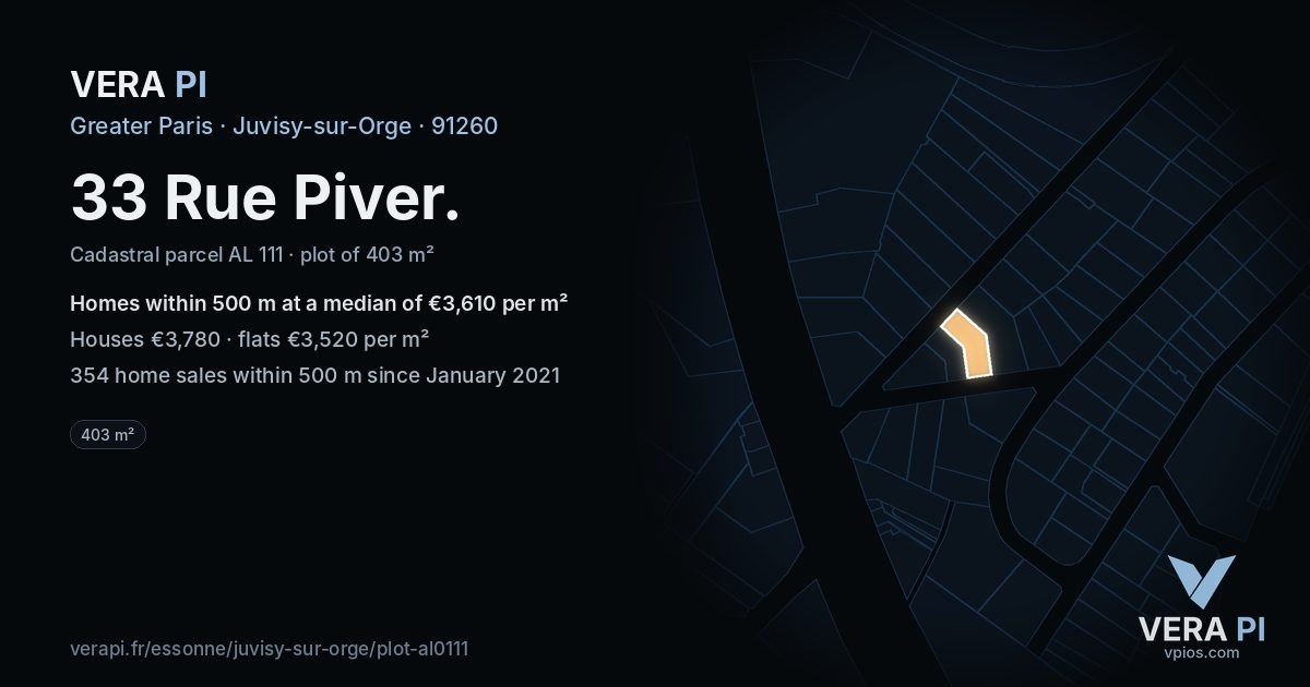 33 Rue Piver, Juvisy-sur-Orge at night – the plot lit, the parcels around coloured by the prices near them