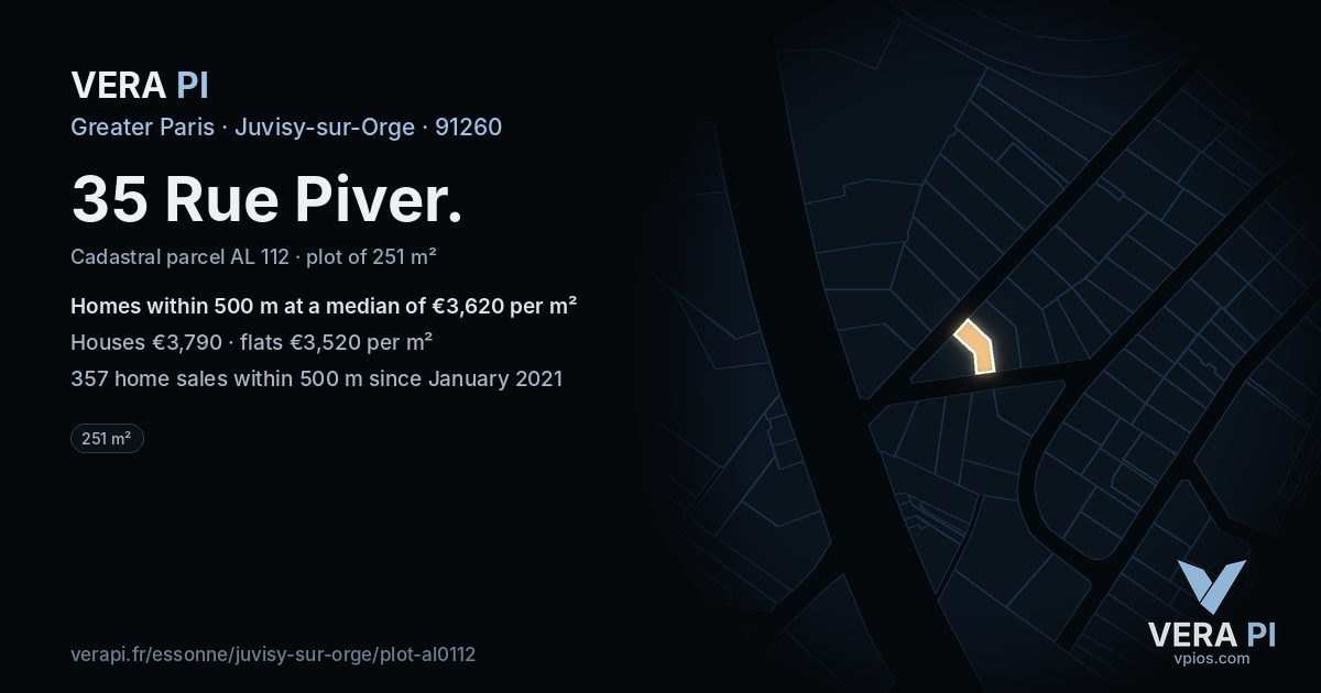 35 Rue Piver, Juvisy-sur-Orge at night – the plot lit, the parcels around coloured by the prices near them