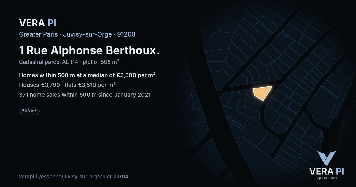 1 Rue Alphonse Berthoux, Juvisy-sur-Orge at night – the plot lit, the parcels around coloured by the prices near them