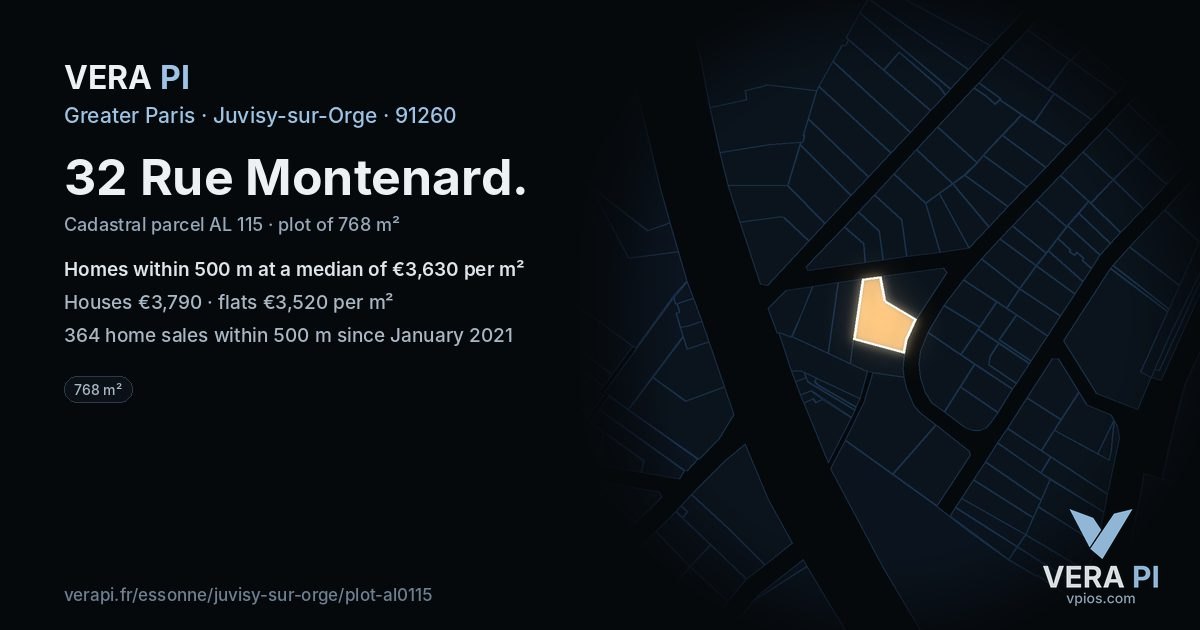 32 Rue Montenard, Juvisy-sur-Orge at night – the plot lit, the parcels around coloured by the prices near them