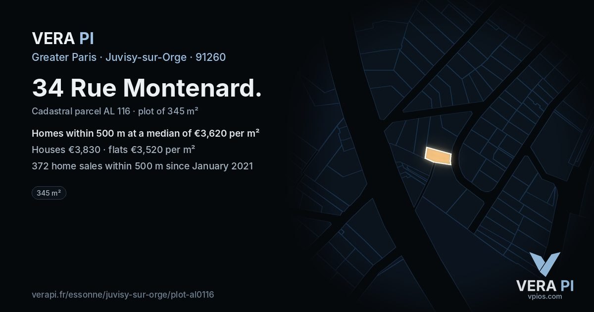 34 Rue Montenard, Juvisy-sur-Orge at night – the plot lit, the parcels around coloured by the prices near them