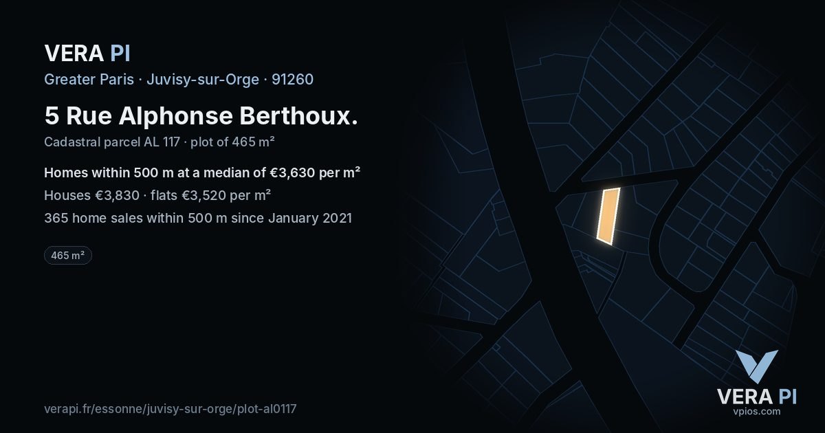 5 Rue Alphonse Berthoux, Juvisy-sur-Orge at night – the plot lit, the parcels around coloured by the prices near them