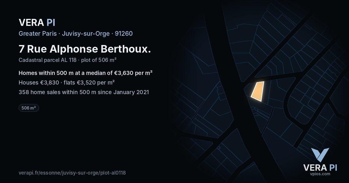 7 Rue Alphonse Berthoux, Juvisy-sur-Orge at night – the plot lit, the parcels around coloured by the prices near them
