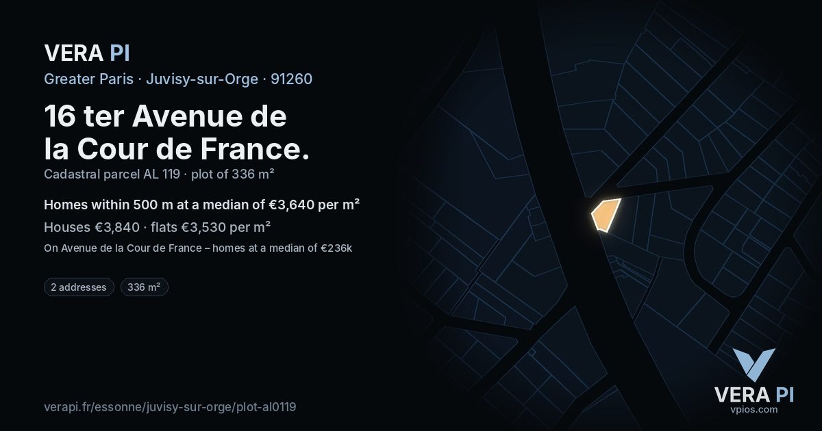 16 ter Avenue de la Cour de France, Juvisy-sur-Orge at night – the plot lit, the parcels around coloured by the prices near them