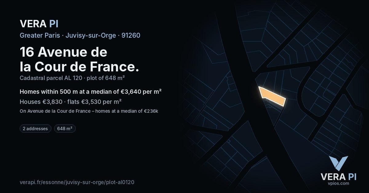 16 Avenue de la Cour de France, Juvisy-sur-Orge at night – the plot lit, the parcels around coloured by the prices near them