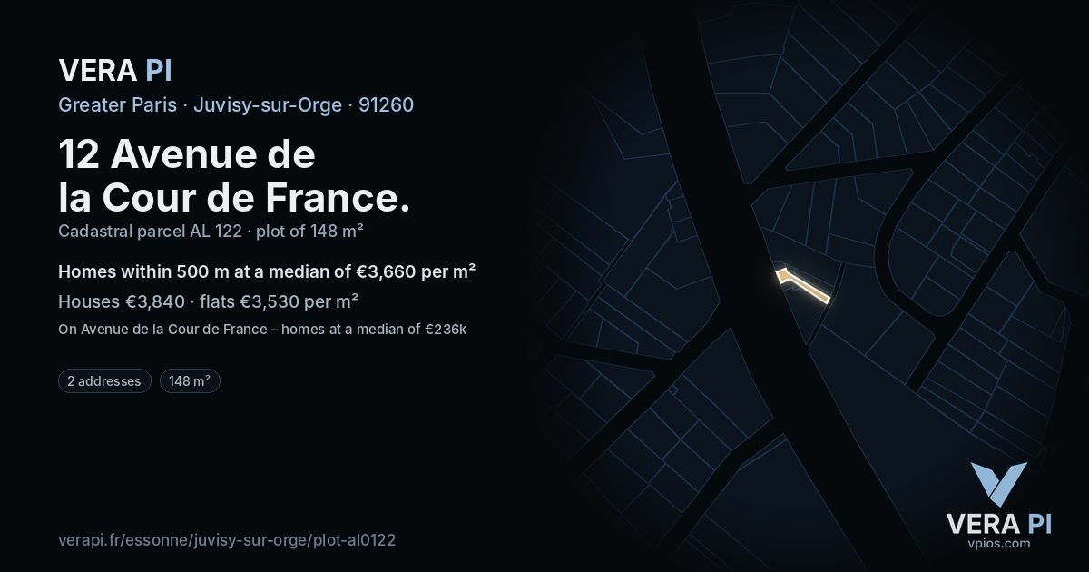 12 Avenue de la Cour de France, Juvisy-sur-Orge at night – the plot lit, the parcels around coloured by the prices near them