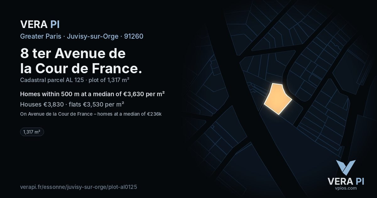 8 ter Avenue de la Cour de France, Juvisy-sur-Orge at night – the plot lit, the parcels around coloured by the prices near them