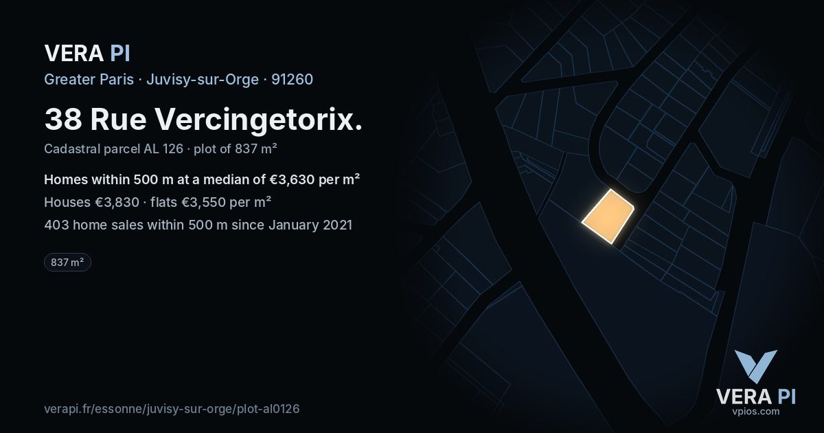 38 Rue Vercingetorix, Juvisy-sur-Orge at night – the plot lit, the parcels around coloured by the prices near them