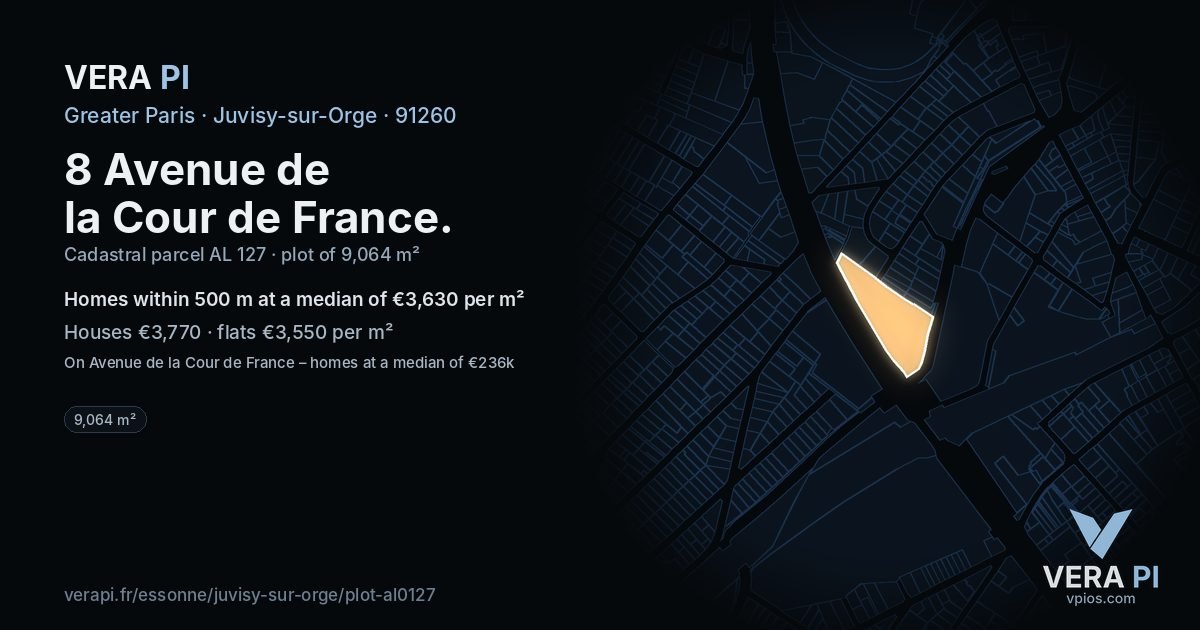 8 Avenue de la Cour de France, Juvisy-sur-Orge at night – the plot lit, the parcels around coloured by the prices near them