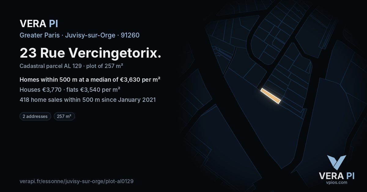 23 Rue Vercingetorix, Juvisy-sur-Orge at night – the plot lit, the parcels around coloured by the prices near them
