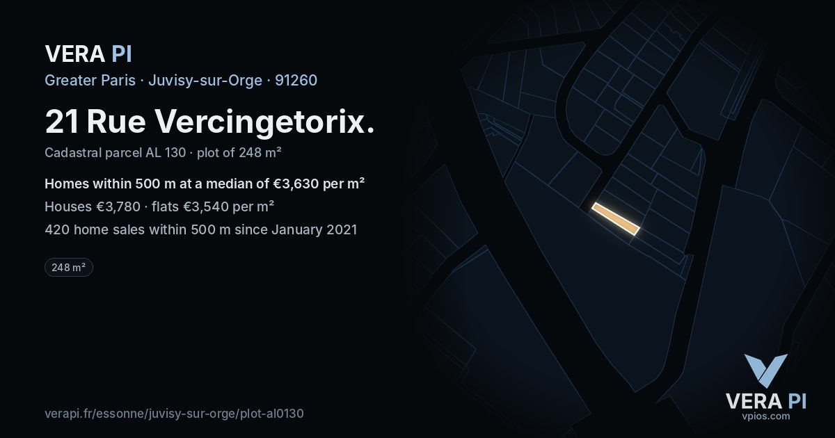21 Rue Vercingetorix, Juvisy-sur-Orge at night – the plot lit, the parcels around coloured by the prices near them