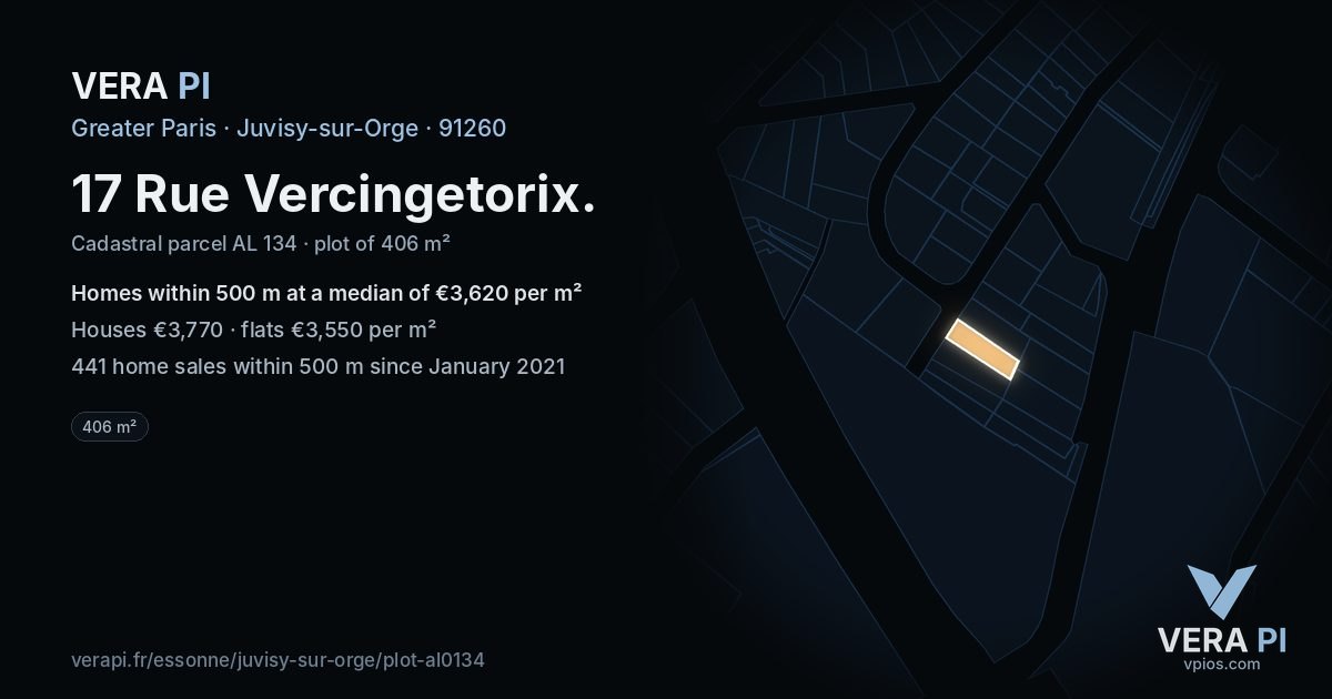 17 Rue Vercingetorix, Juvisy-sur-Orge at night – the plot lit, the parcels around coloured by the prices near them
