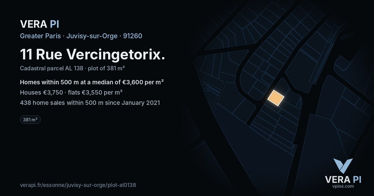 11 Rue Vercingetorix, Juvisy-sur-Orge at night – the plot lit, the parcels around coloured by the prices near them