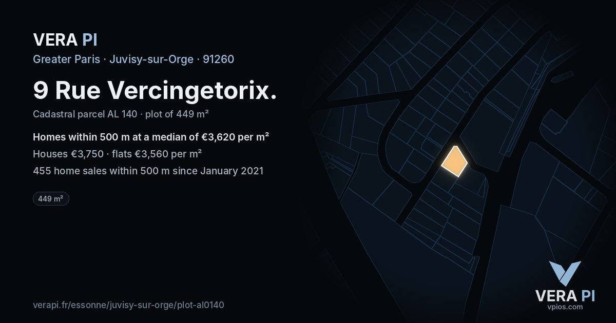 9 Rue Vercingetorix, Juvisy-sur-Orge at night – the plot lit, the parcels around coloured by the prices near them