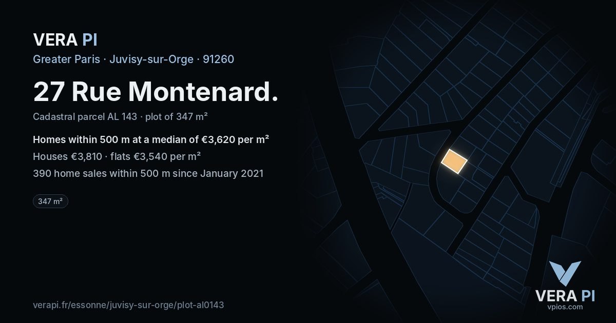 27 Rue Montenard, Juvisy-sur-Orge at night – the plot lit, the parcels around coloured by the prices near them