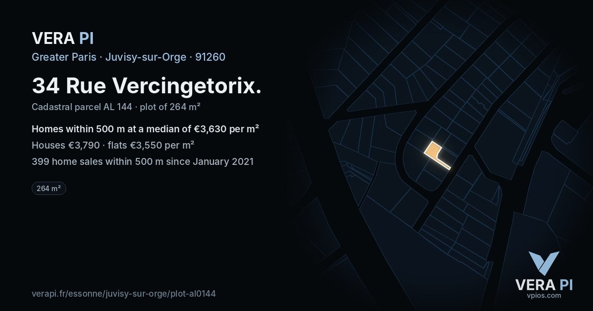 34 Rue Vercingetorix, Juvisy-sur-Orge at night – the plot lit, the parcels around coloured by the prices near them
