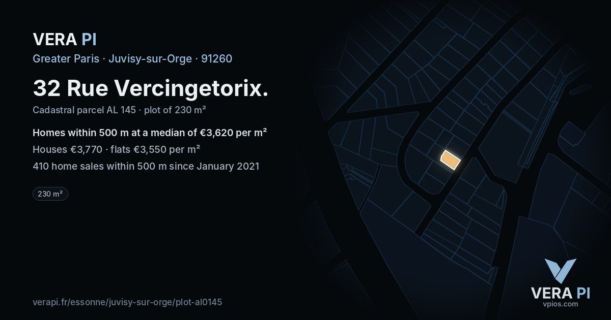 32 Rue Vercingetorix, Juvisy-sur-Orge at night – the plot lit, the parcels around coloured by the prices near them