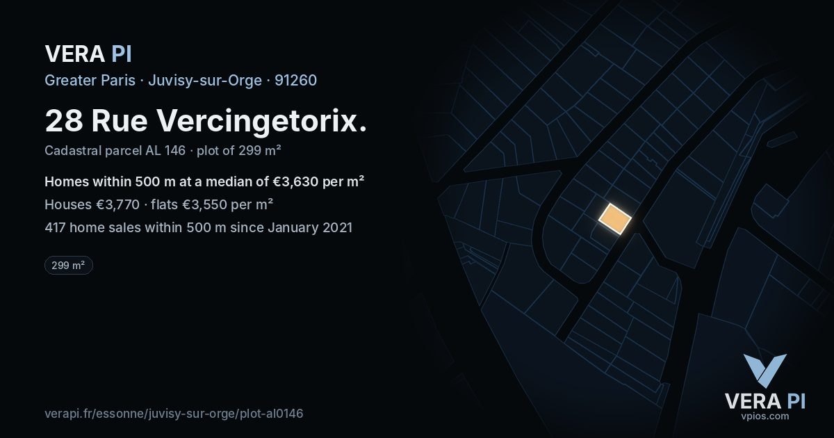 28 Rue Vercingetorix, Juvisy-sur-Orge at night – the plot lit, the parcels around coloured by the prices near them