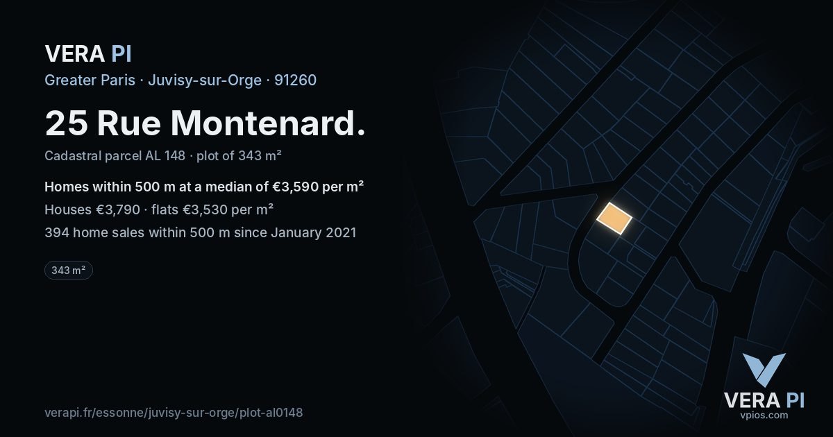 25 Rue Montenard, Juvisy-sur-Orge at night – the plot lit, the parcels around coloured by the prices near them