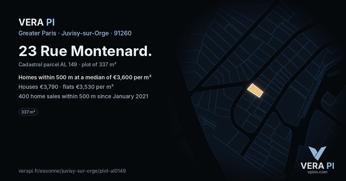 23 Rue Montenard, Juvisy-sur-Orge at night – the plot lit, the parcels around coloured by the prices near them